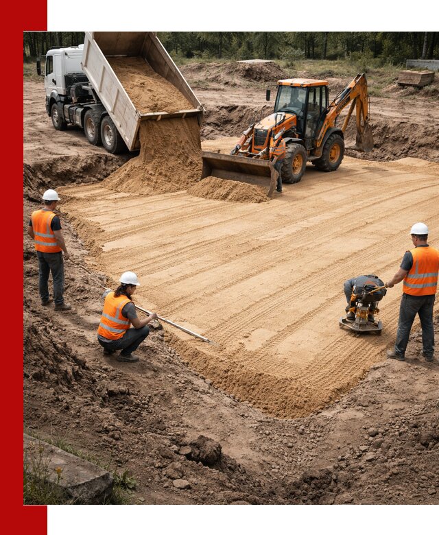 Устройство песчаной подушки для фундаментов и дорог в Кашире